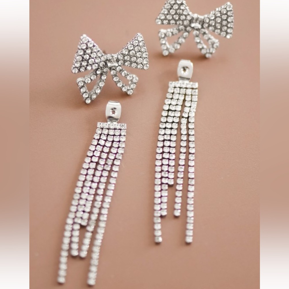 MIA Silver Rhinestone Bow and Tassel Earrings New With Tags